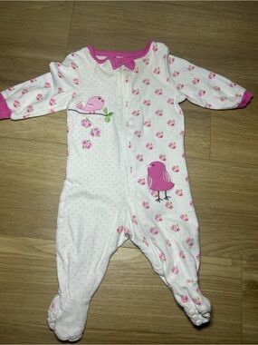 Kirklands White Footed One-Piece with Pink Bird Appliqués and Floral Print